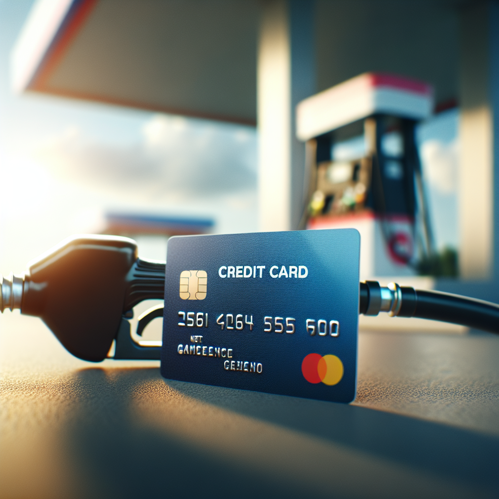 Nærbilde av et Shell MasterCard liggende på en bensinstasjon ved en drivstoffpumpe, moderne og lys komposisjon, fokus på kort og sparing