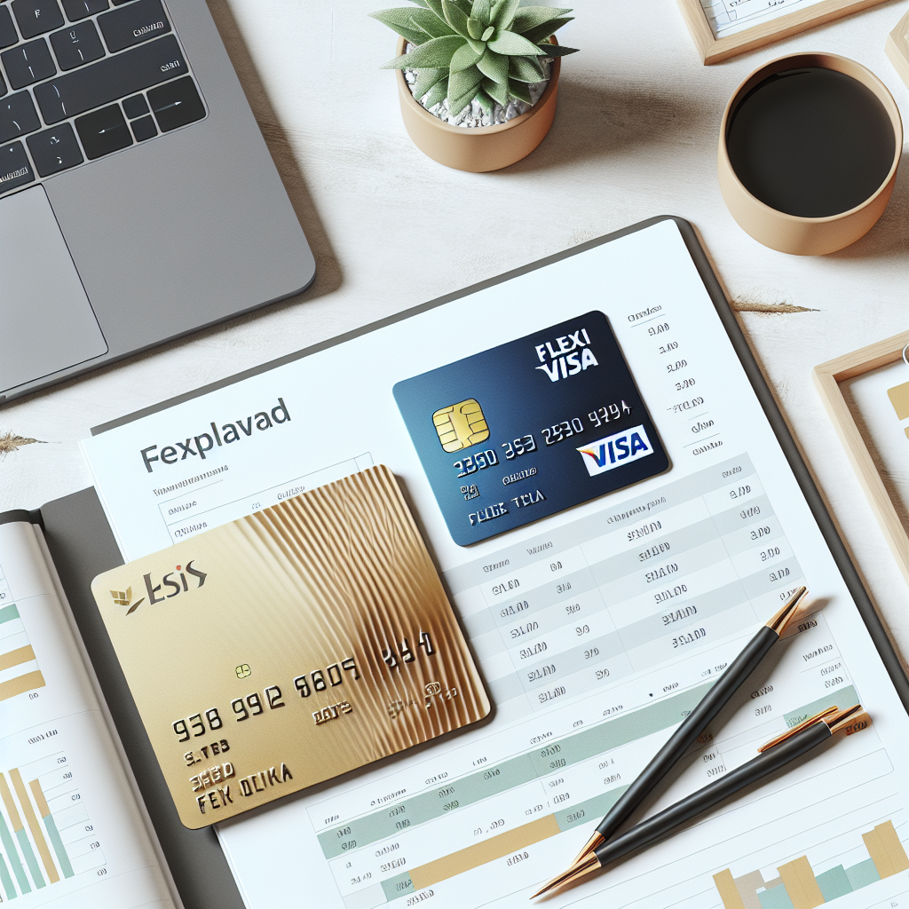 Moderne fotoillustrasjon av et Flexi Visa-kredittkort ved siden av en laptop og budsjettark, norskt hjemmekontor, nøytral fargepalett, realistisk stil