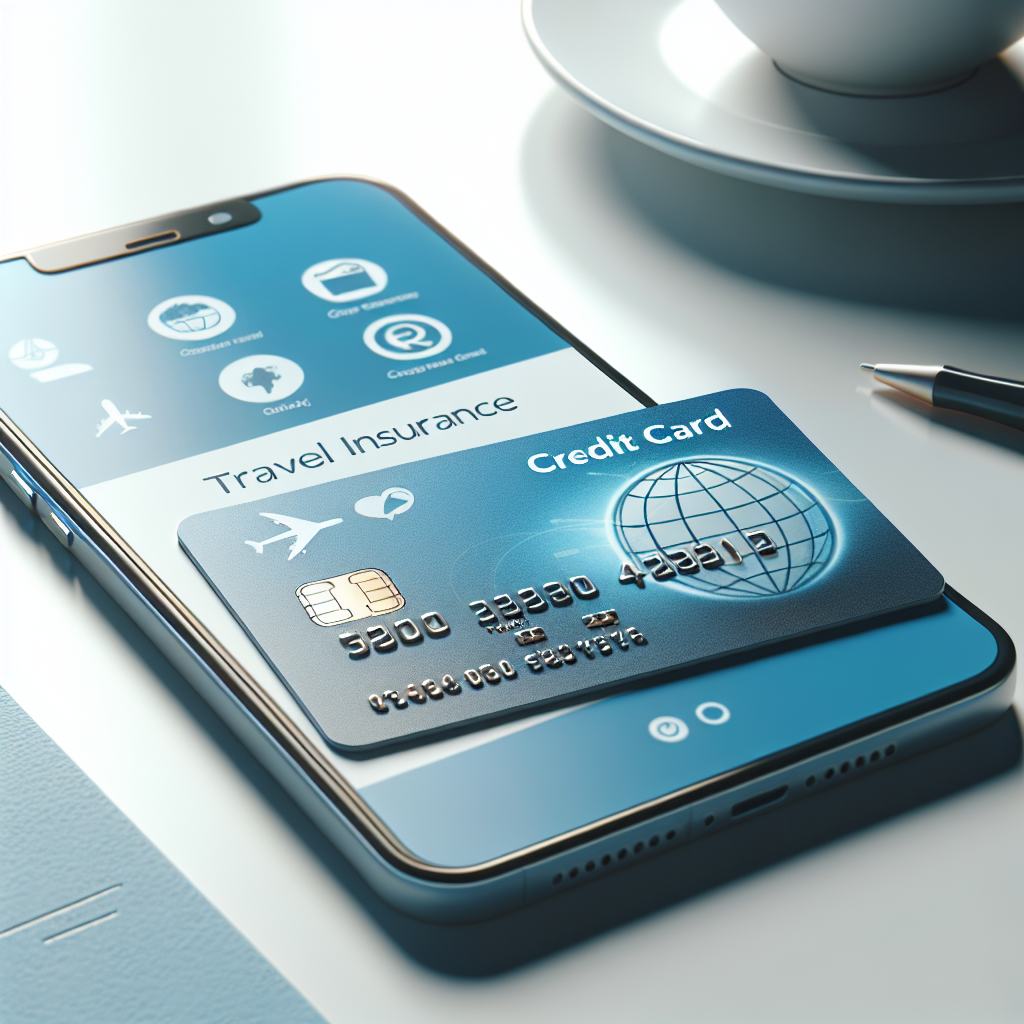 Nærbilde av et moderne kredittkort på et bord med ikoner for reiseforsikring, mobilen viser bankapp, ren og profesjonell stil
