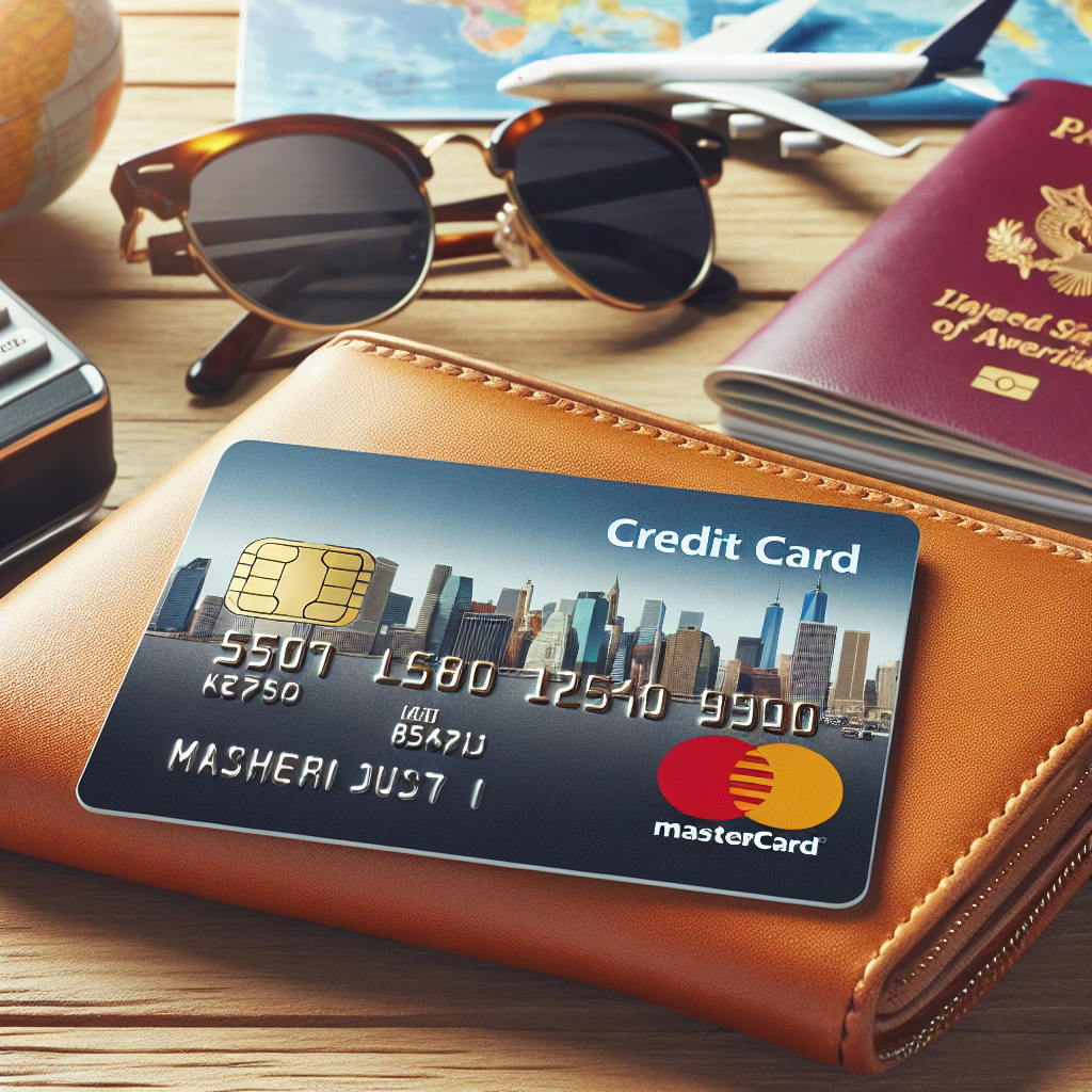 Nærbilde av et moderne Gjensidige MasterCard-lignende kredittkort på et trebord, med reiserekvisita i bakgrunnen (pass, solbriller, boardingkort), lys, profesjonell stil