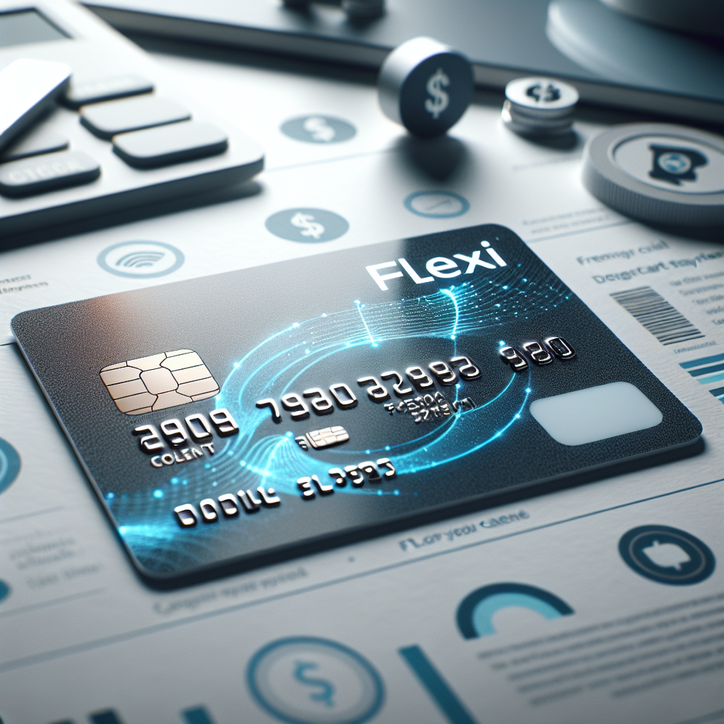 Nærbilde av et elegant Visa-kredittkort merket 'Flexi' liggende på et bord med digitale betalingsikoner i bakgrunnen, moderne fargepalett, klar og profesjonell stil