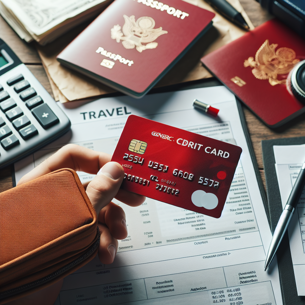 Close-up of a red Santander credit card on a wooden table next to travel documents, passport and a calculator, clean modern lighting