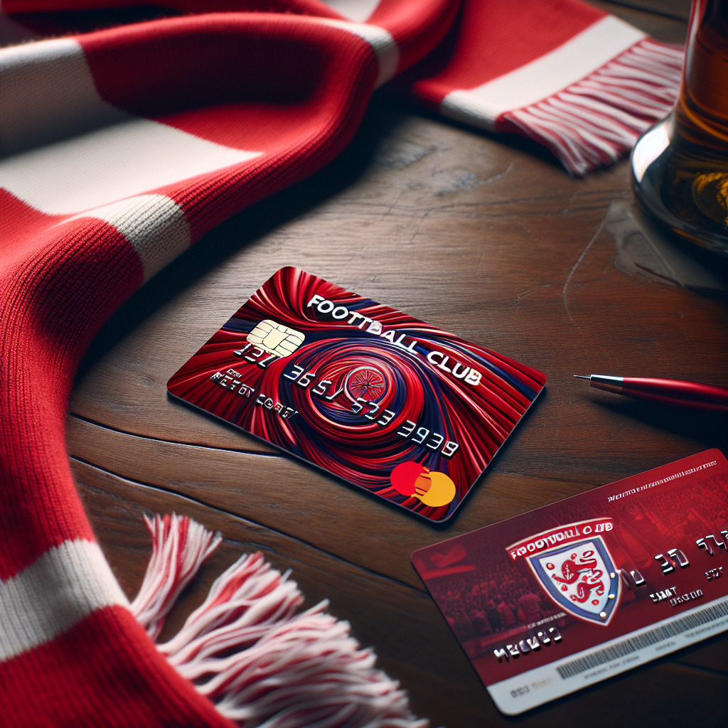 Nærbilde av et Liverpool FC MasterCard-kredittkort i rød farge liggende på et bord ved siden av en kampbillett og et skjerf, moderne og innbydende stil